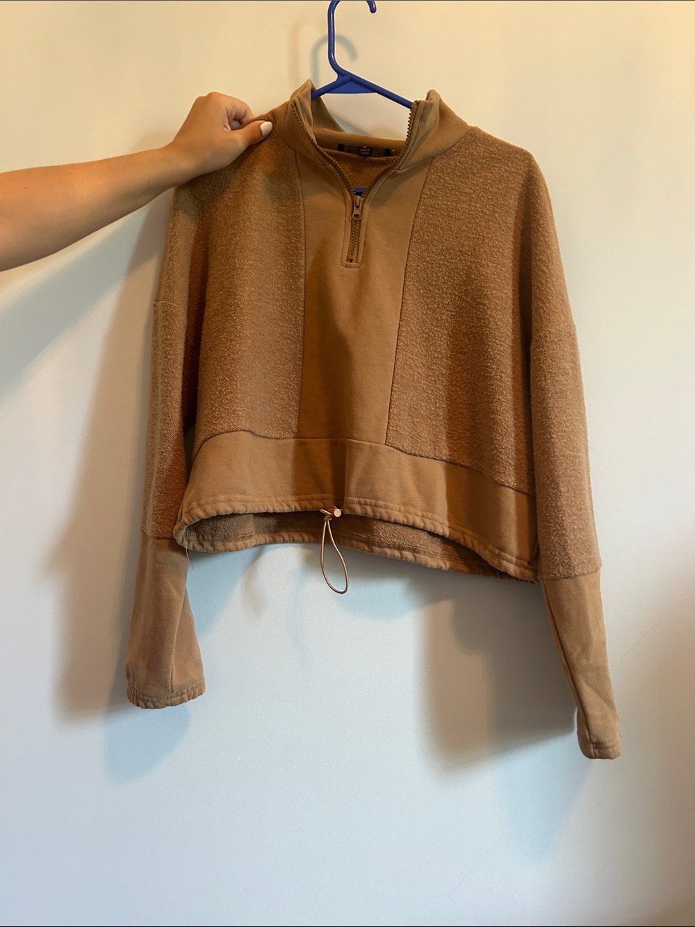 Dance & Marvel Cropped Zip-Neck Sweater in Camel Brown
